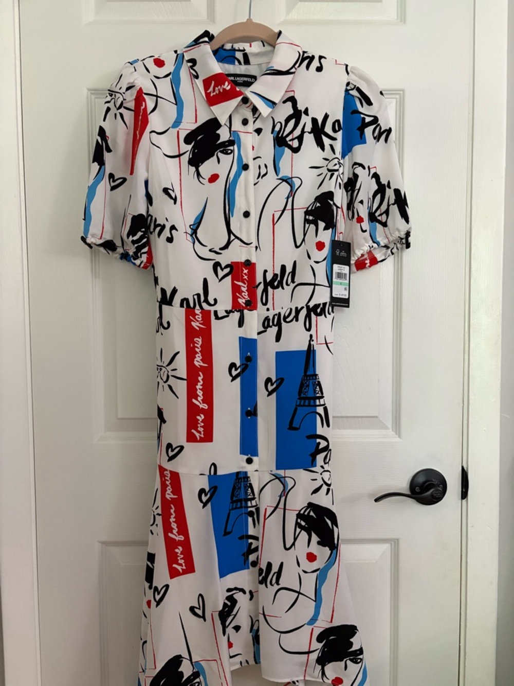 Karl Lagerfeld PARIS White Midi Dress with Blue, Red, Black Print Sz 8